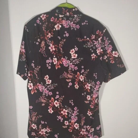 Asos Men's Black with Pink Floral Short Sleeve Button Up Shirt Size Large Tall - Picture 7 of 8